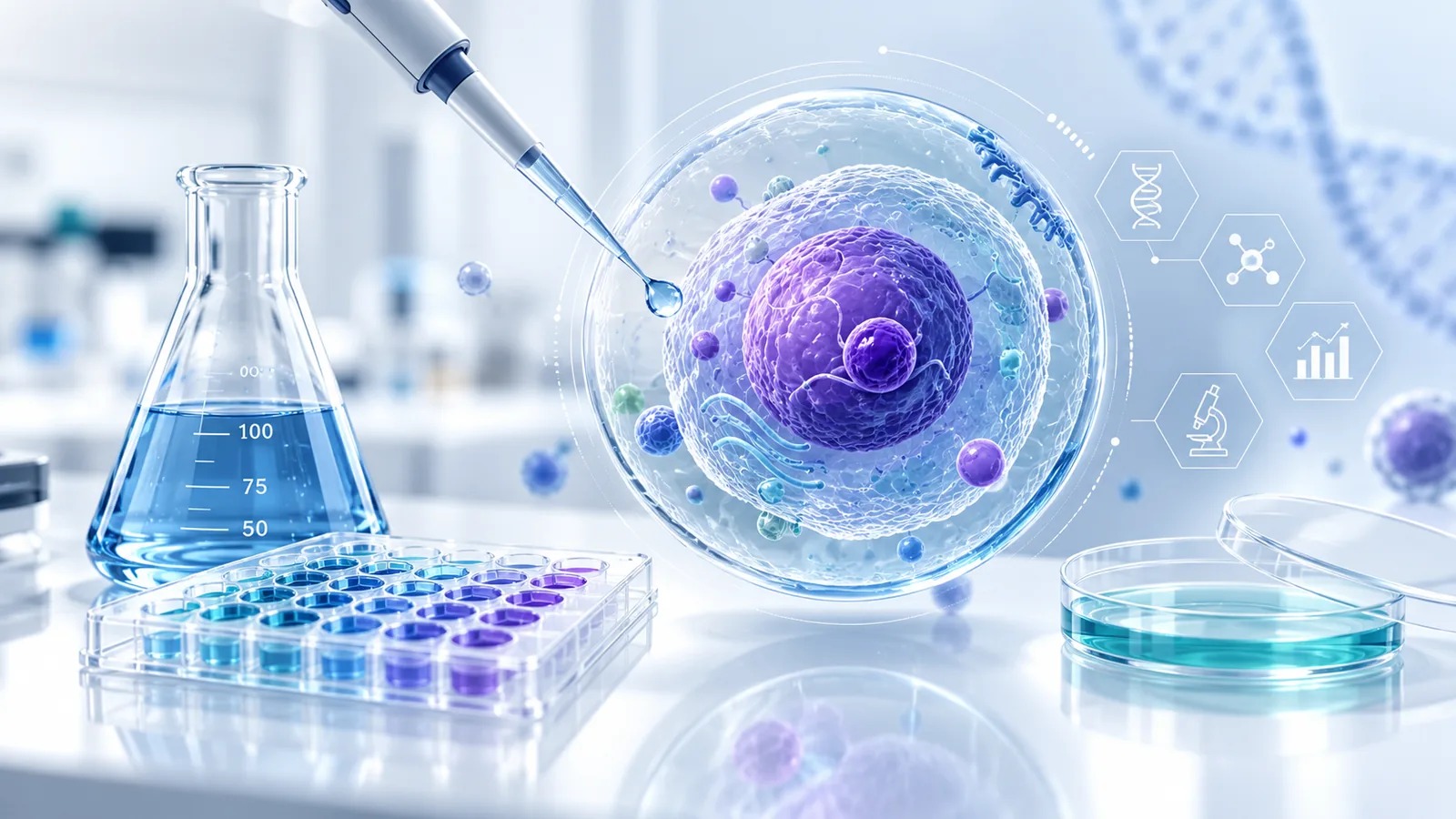 Conceptual research illustration: a pipette adds a drop to a translucent cell with a violet nucleus, beside a flask, a multi-well plate and a culture dish on a laboratory bench.