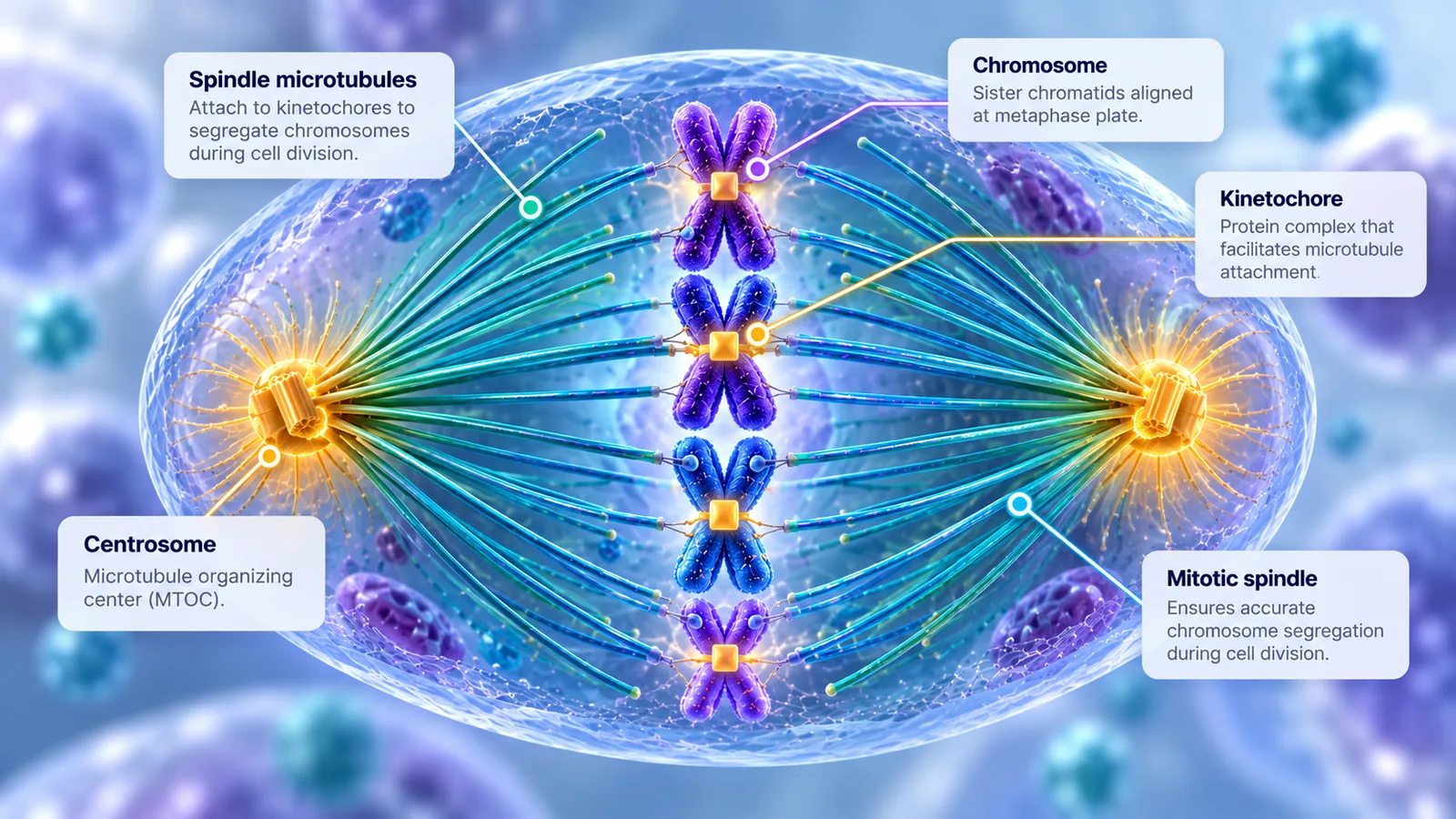 Labeled conceptual illustration of a metaphase cell: two centrosomes, spindle microtubules, and chromosomes with kinetochores aligned at the metaphase plate.